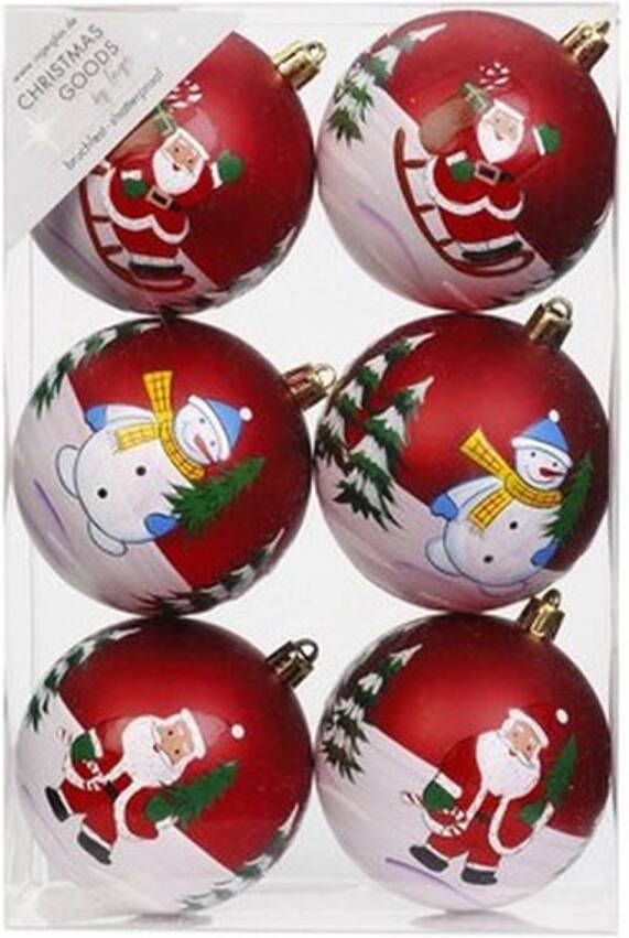 Merkloos 6x Rode kerstballen 8 cm kunststof met print Kerstbal