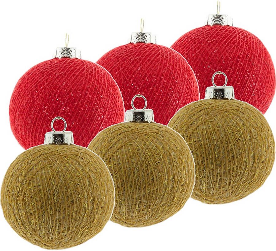 Merkloos 6x Rode en gouden kerstballen 6 5 cm Cotton Balls kerstboomversiering Kerstbal