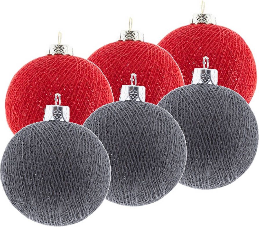 Merkloos 6x Rood grijze Cotton Balls kerstballen decoratie 6 5 cm Kerstbal