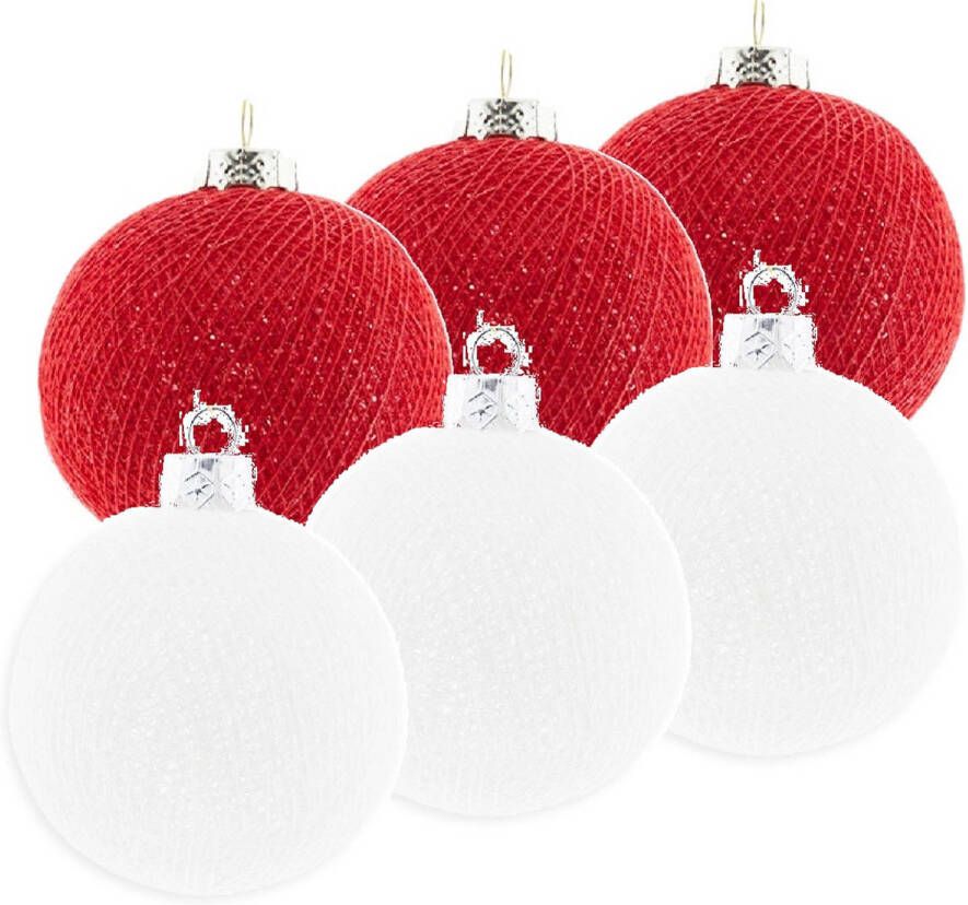 Merkloos 6x Rood witte Cotton Balls kerstballen decoratie 6 5 cm Kerstbal
