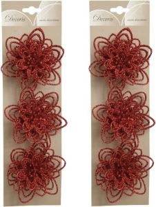 Bellatio Decorations 6x Stuks Decoratie Bloemen Rood Glitter Op Clip 11 Cm Kersthangers
