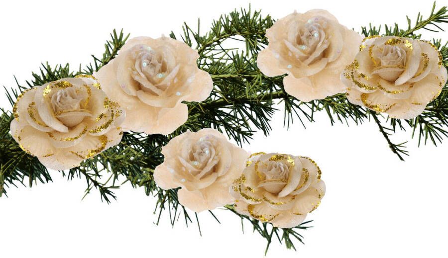 Merkloos 6x stuks decoratie bloemen rozen goud op clip 9 cm Kersthangers