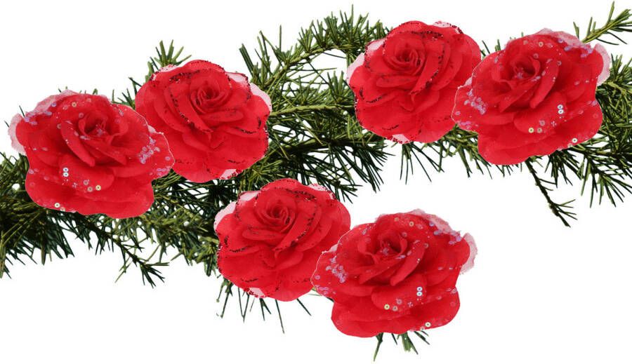 Merkloos 6x stuks decoratie bloemen rozen rood op clip 9 cm Kersthangers