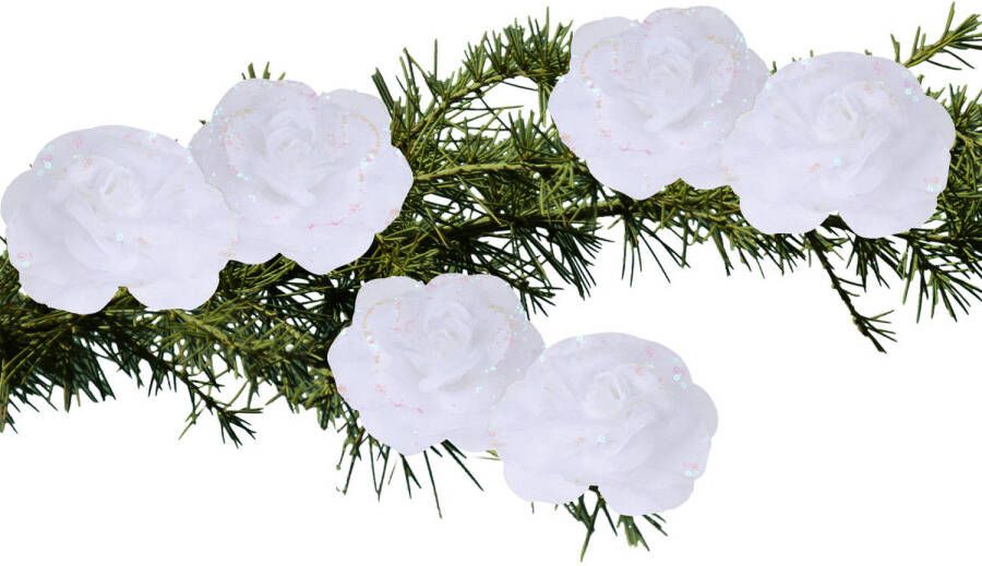 Merkloos 6x stuks decoratie bloemen rozen wit op clip 9 cm Kunstbloemen