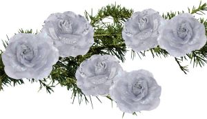 Merkloos 6x stuks decoratie bloemen rozen zilver op clip 9 cm Kunstbloemen