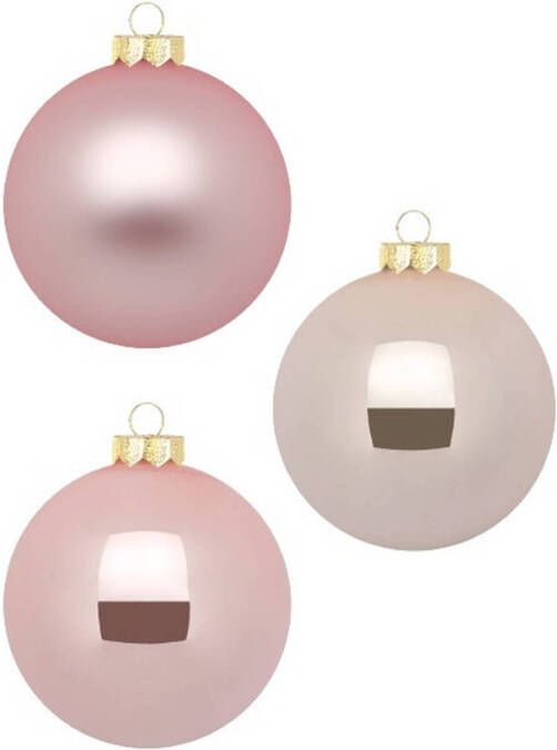 Merkloos 6x stuks glazen kerstballen 10 cm parel roze glans en mat Kerstbal