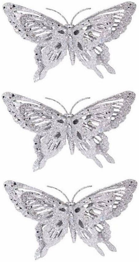 Merkloos 6x stuks kerst decoratie vlinder zilver 15 x 11 cm Kersthangers