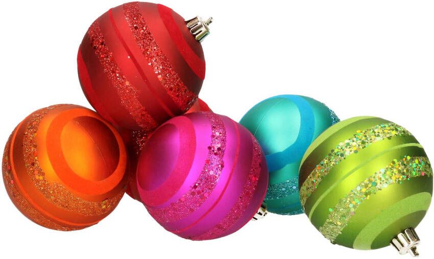 Merkloos 6x stuks kerstballen gekleurd met glitter rand 8 cm Kerstbal