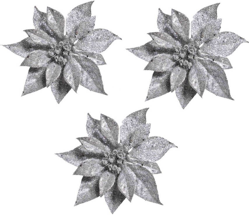 Merkloos 6x stuks Kerstversieringen kerststerren bloemen zilver op clip Kersthangers