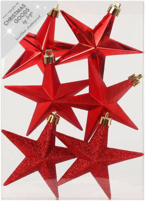 Merkloos 6x stuks kunststof kersthangers sterren rood 10 cm kerstornamenten Kersthangers
