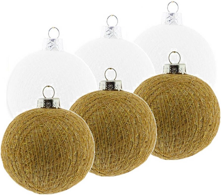 Merkloos 6x Wit gouden Cotton Balls kerstballen decoratie 6 5 cm Kerstbal