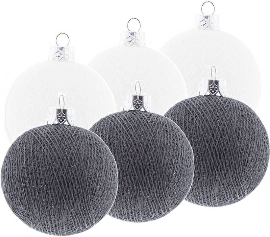 Merkloos 6x Witte en grijze kerstballen 6 5 cm Cotton Balls kerstboomversiering Kerstbal