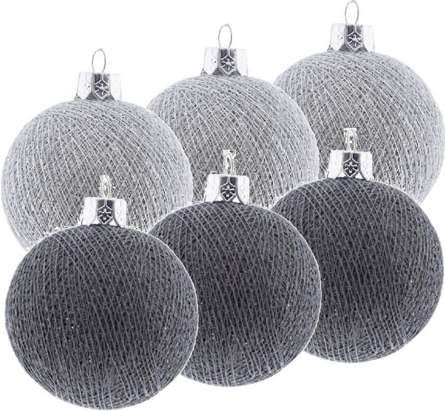 Merkloos 6x Zilveren en grijze kerstballen 6 5 cm Cotton Balls kerstboomversiering Kerstbal