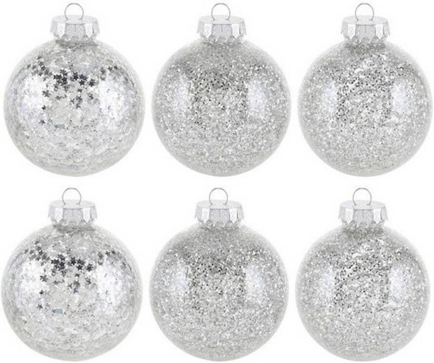 Merkloos 6x Zilveren glitter kerstballen 8 cm kunststof Kerstbal