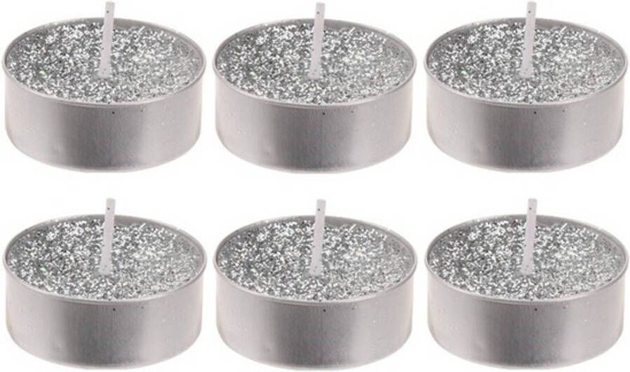 Merkloos 6x Zilveren glitter waxinelichtjes theelichtjes 6 cm Waxinelichtjes