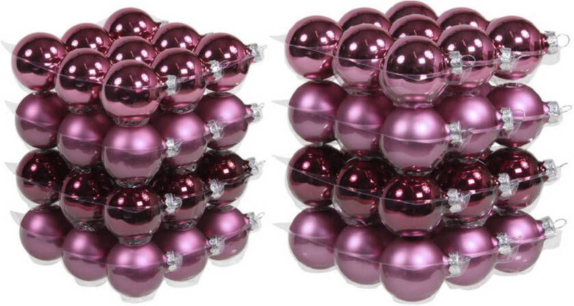 Merkloos 72x stuks glazen kerstballen cherry roze (heather) 4 en 6 cm mat glans Kerstbal