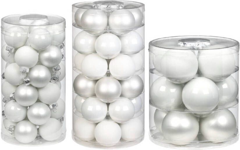 Merkloos 72x stuks glazen kerstballen wit 4 6 en 8 cm glans en mat Kerstbal