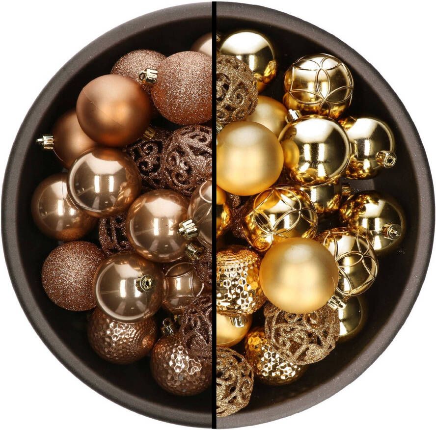 Bellatio Decorations 74x stuks kunststof kerstballen mix van camel bruin en goud 6 cm Kerstbal