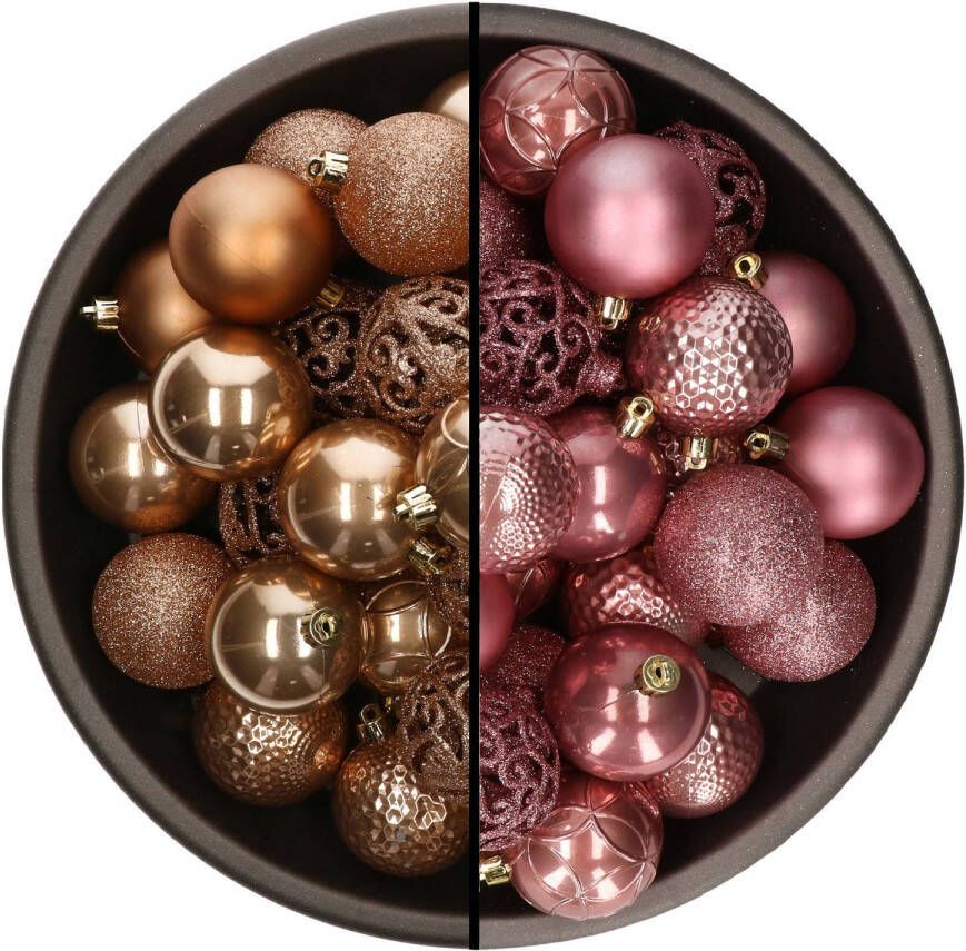 Bellatio Decorations 74x stuks kunststof kerstballen mix van camel bruin en velvet roze 6 cm Kerstbal