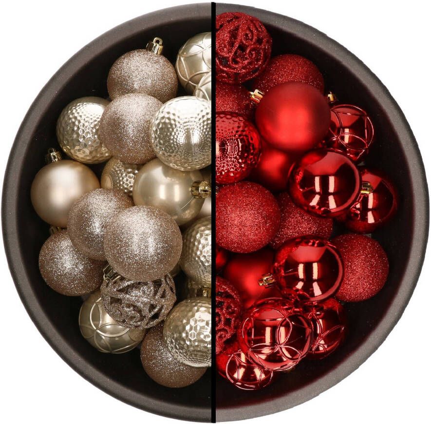 Merkloos 74x stuks kunststof kerstballen mix van champagne en rood 6 cm Kerstbal