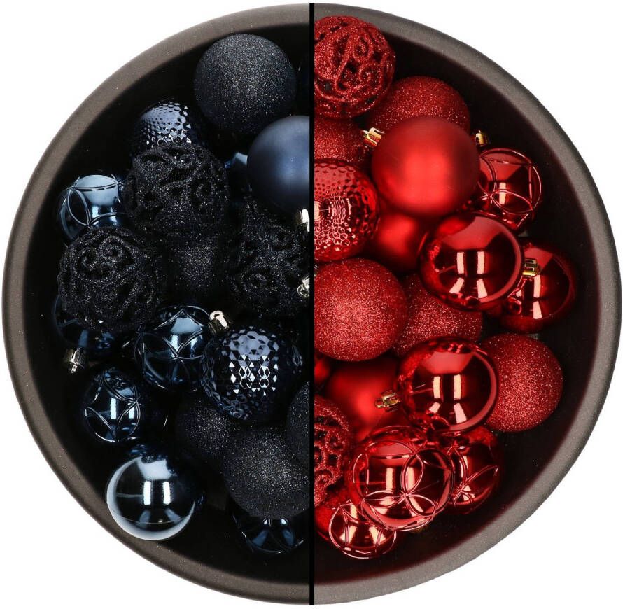 Merkloos 74x stuks kunststof kerstballen mix van donkerblauw en rood 6 cm Kerstbal