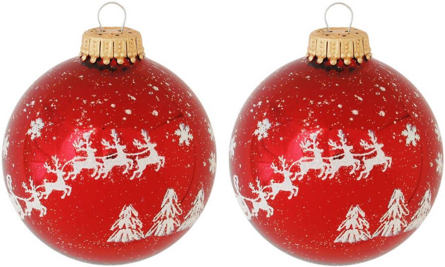 Merkloos 8x Luxe rode glazen kerstballen met rendier opdruk 7 cm kerstversiering Kerstbal