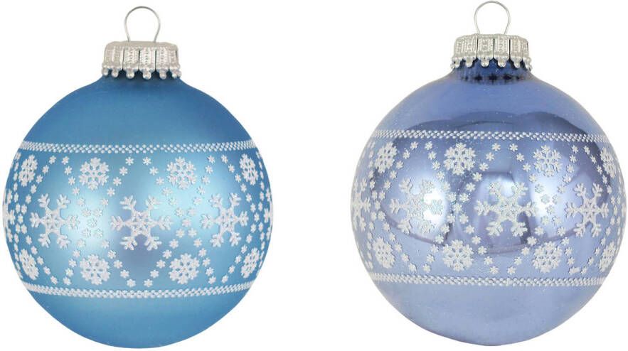 Merkloos 8x Glazen ijsblauwe lichtblauwe kerstballen met witte decoratie 7 cm Kerstbal