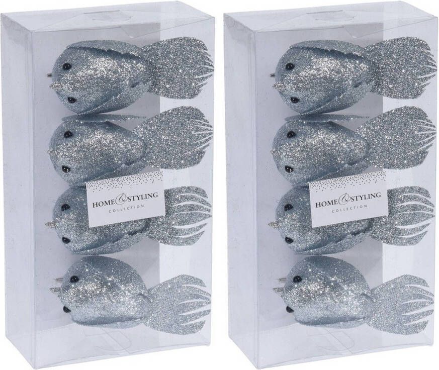 Merkloos 8x Kerstboomversiering glitter vogels op clip zilvergrijs 17 cm Kersthangers