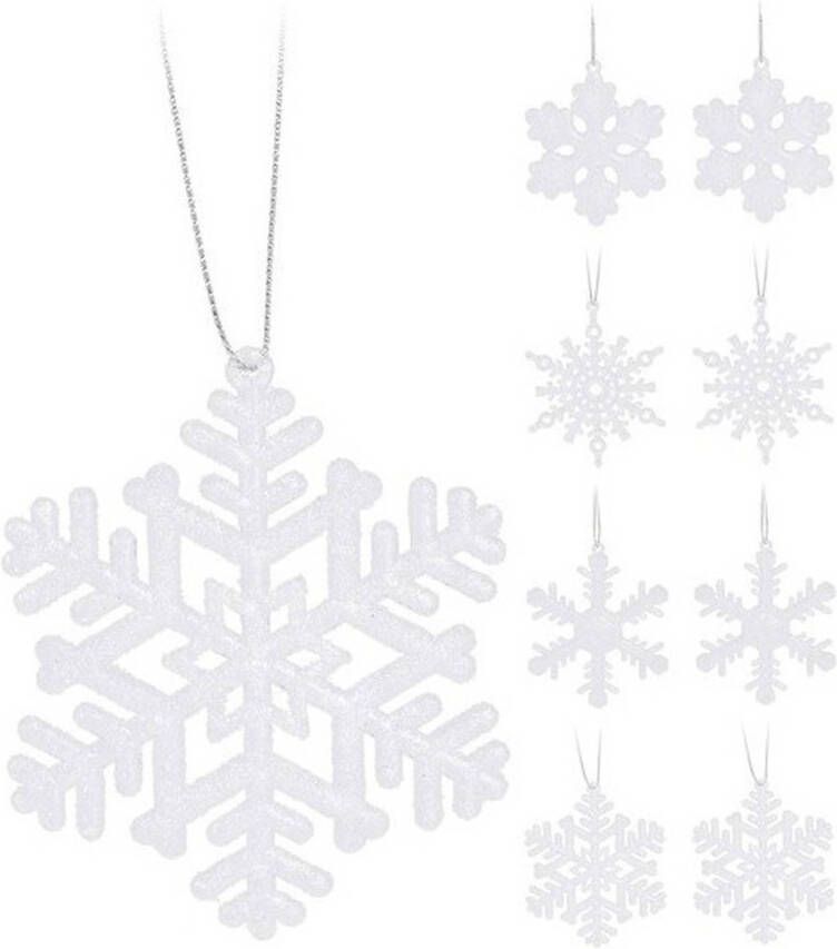 Merkloos 8x Kersthangers figuurtjes witte sneeuwvlok ster 10 cm glitter Kersthangers