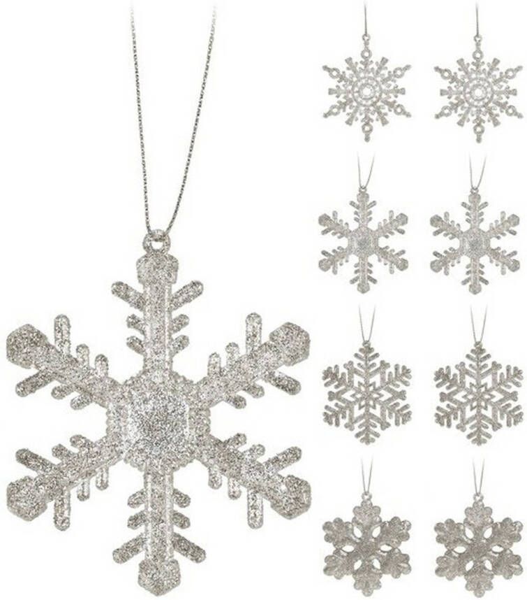 Merkloos 8x Kersthangers figuurtjes zilver sneeuwvlok ster 10 cm glitter Kersthangers