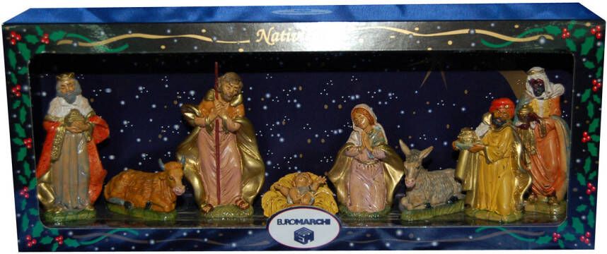 Merkloos 8x Kerststal beeldjes Jezus Maria Jozef kunststof van 8 tot 11 cm Kerststallen