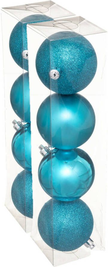 Merkloos 8x stuks kerstballen turquoise blauw mix kunststof 8 cm Kerstbal