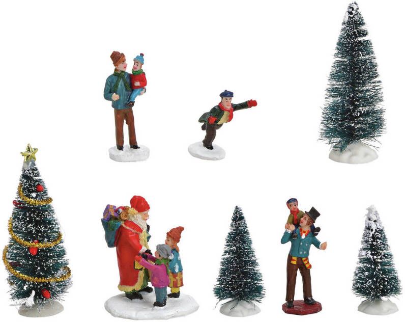 Merkloos 8x stuks kerstdorp accessoires figuurtjes poppetjes en kerstboompje Kerstdorpen
