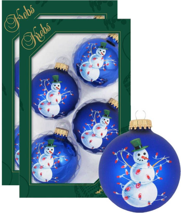 Merkloos 8x stuks luxe glazen kerstballen 7 cm blauw met sneeuwpop Kerstbal