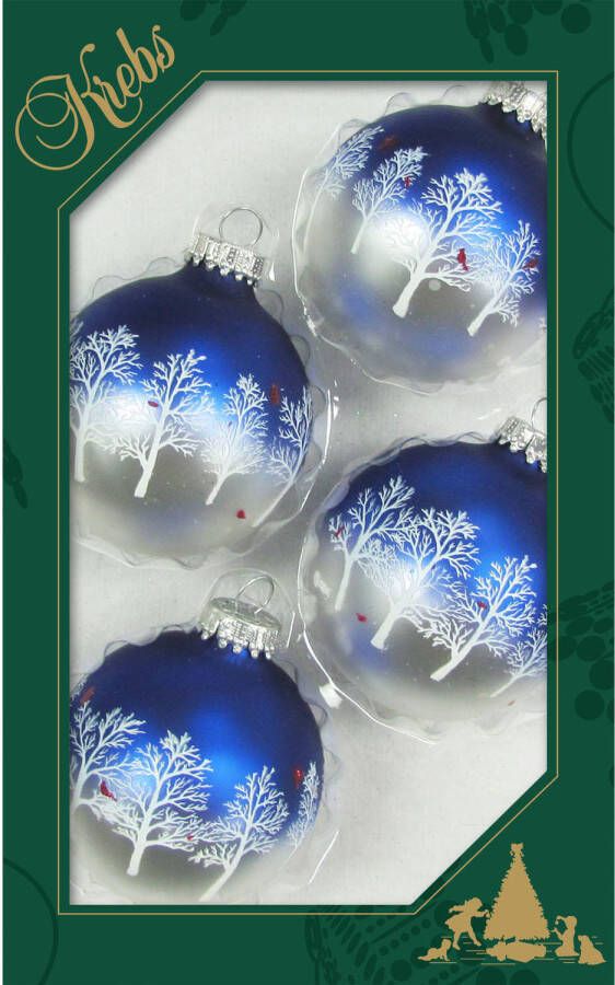 Merkloos 8x stuks luxe glazen kerstballen 7 cm blauw zilver met bomen Kerstbal
