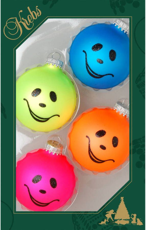 Merkloos 12x stuks luxe glazen kerstballen 7 cm neon smiley Kerstbal