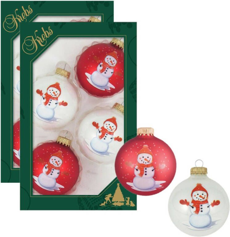 Merkloos 8x stuks luxe glazen kerstballen 7 cm wit en rood met sneeuwpop Kerstbal