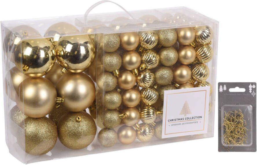 Merkloos 94-Delige kerstboomversiering kunststof kerstballen set goud incl. 100x ophanghaakjes Kerstbal