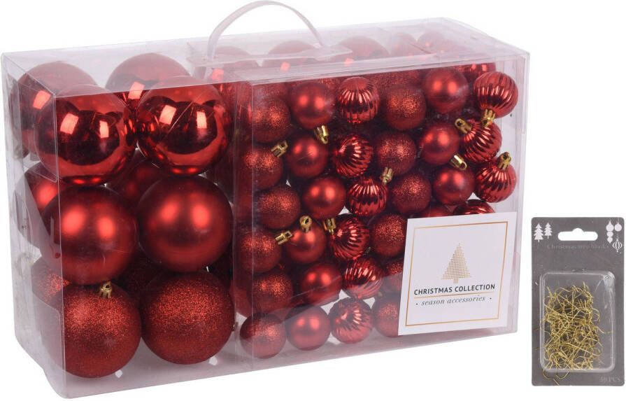 Merkloos 94-Delige kerstboomversiering kunststof kerstballen set rood incl. 100x ophanghaakjes Kerstbal