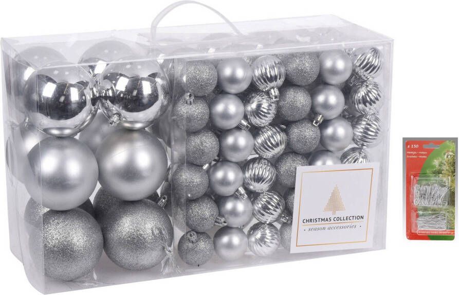 Merkloos 94-Delige kerstboomversiering kunststof kerstballen set zilver incl. 150x ophanghaakjes Kerstbal