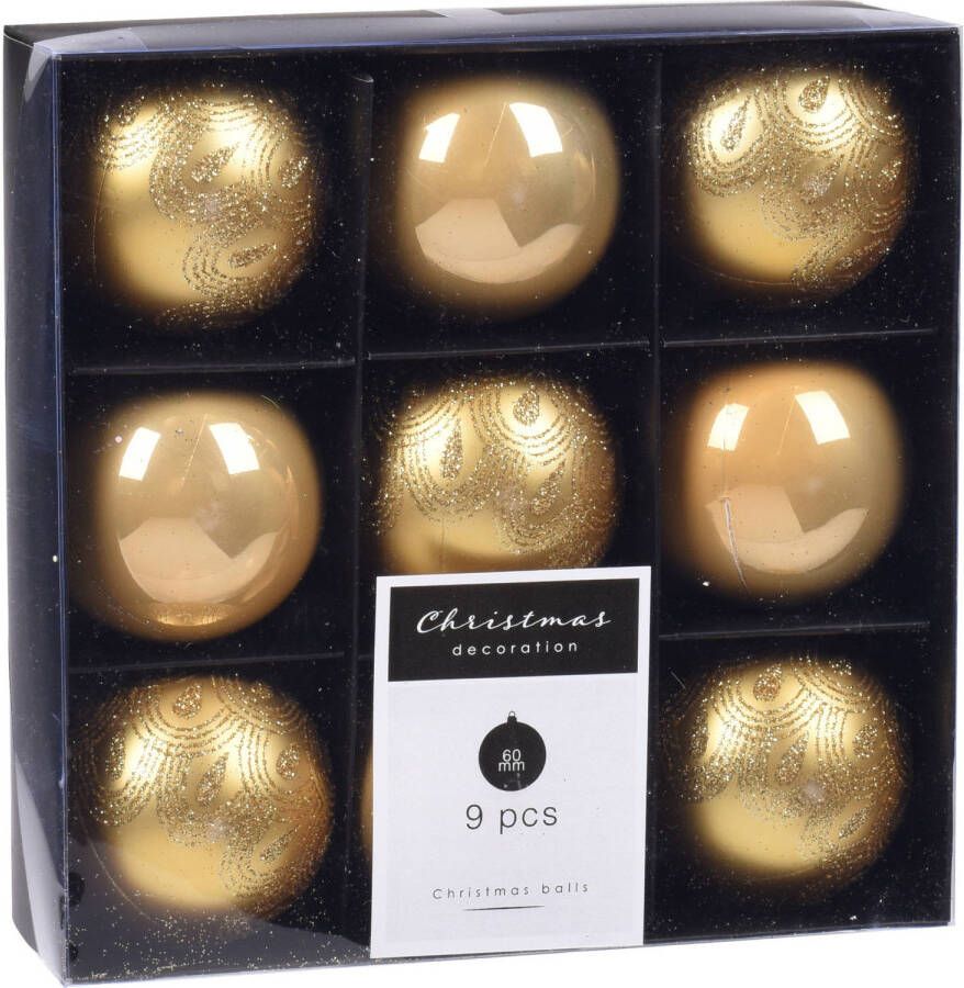 Merkloos 9x Kerstboomversiering luxe kunststof kerstballen goud 6 cm Kerstbal