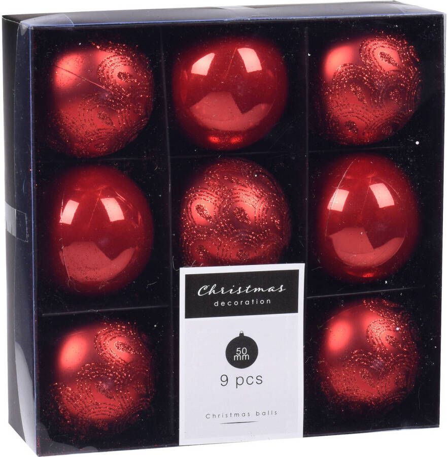 Merkloos 9x Kerstboomversiering luxe kunststof kerstballen rood 5 cm Kerstbal