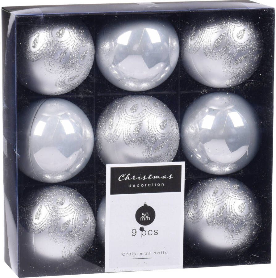 Merkloos 9x Kerstboomversiering luxe kunststof kerstballen zilver 5 cm Kerstbal