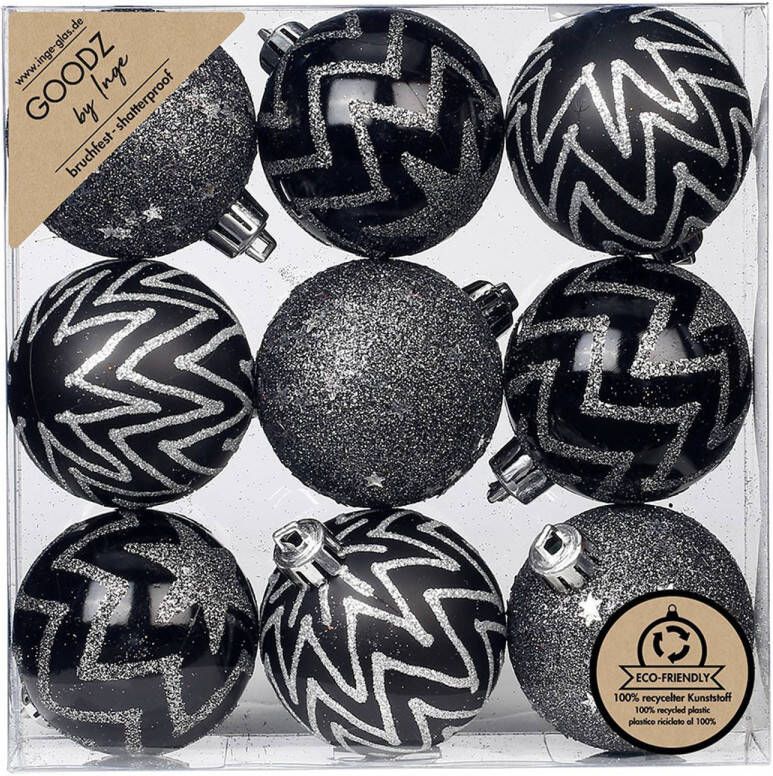 Merkloos 9x stuks gedecoreerde kunststof kerstballen zwart 6 cm Kerstbal