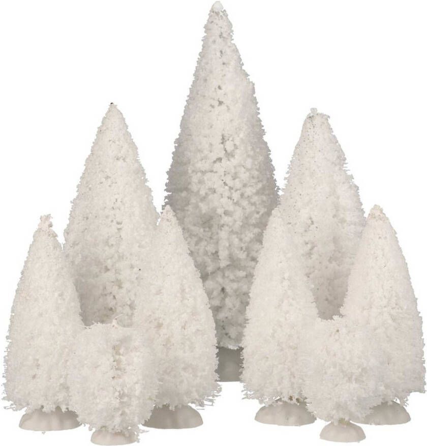 Merkloos 9x stuks kerstdorp onderdelen miniatuur kerstbomen dennenbomen wit Kerstdorpen
