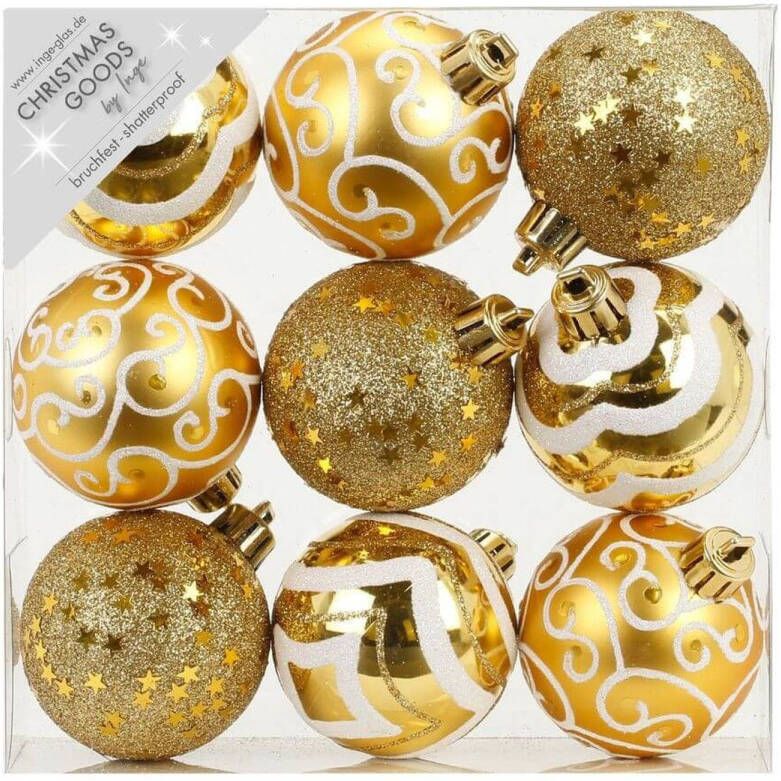 Merkloos 18x stuks luxe gedecoreerde kunststof kerstballen goud 6 cm Kerstbal