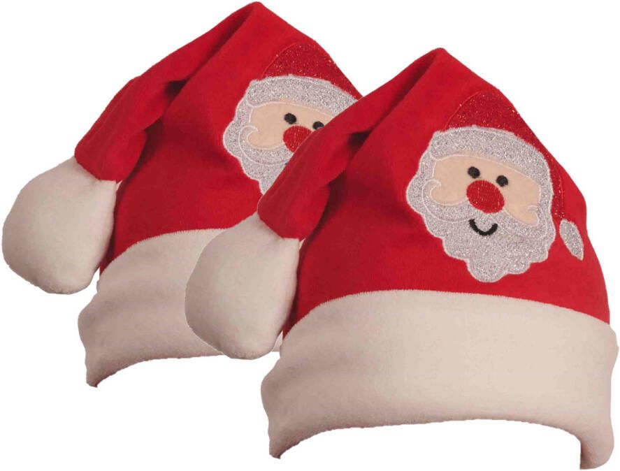 Merkloos Baby kerstmuts rood met kerstman 2x -polyester -baby peuter 1-2 jaar Kerstmutsen