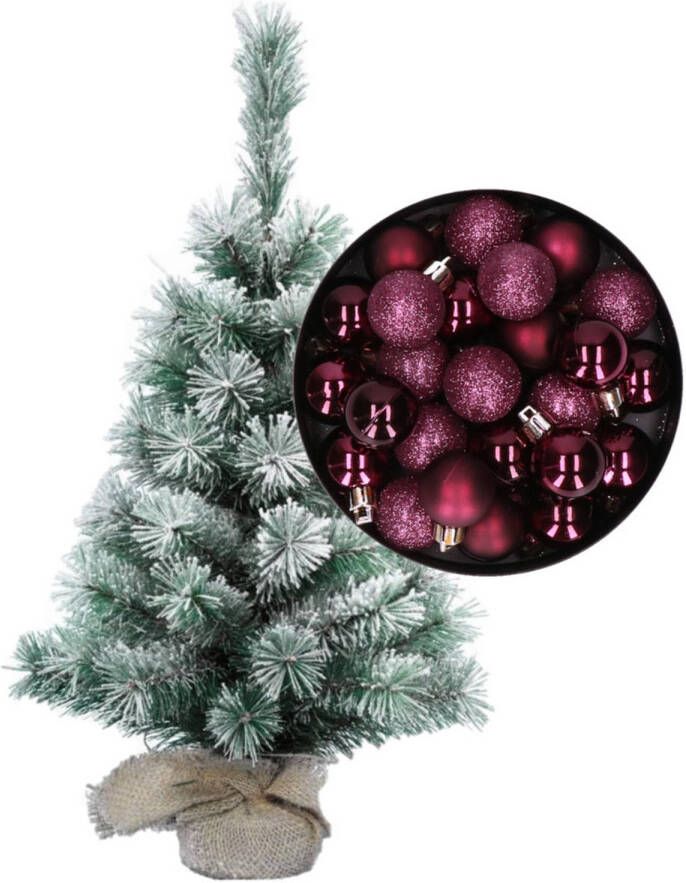 Merkloos Besneeuwde mini kerstboom kunst kerstboom 35 cm met kerstballen aubergine paars Kunstkerstboom