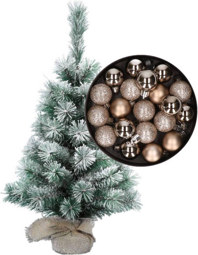 Merkloos Besneeuwde mini kerstboom kunst kerstboom 35 cm met kerstballen champagne Kunstkerstboom