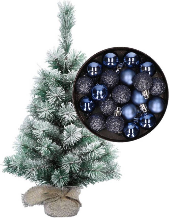 Merkloos Besneeuwde mini kerstboom kunst kerstboom 35 cm met kerstballen donkerblauw Kunstkerstboom